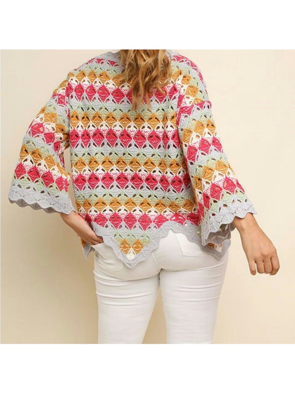 Women's Plus Size Crochet Bell Sleeve Sweater 2xl